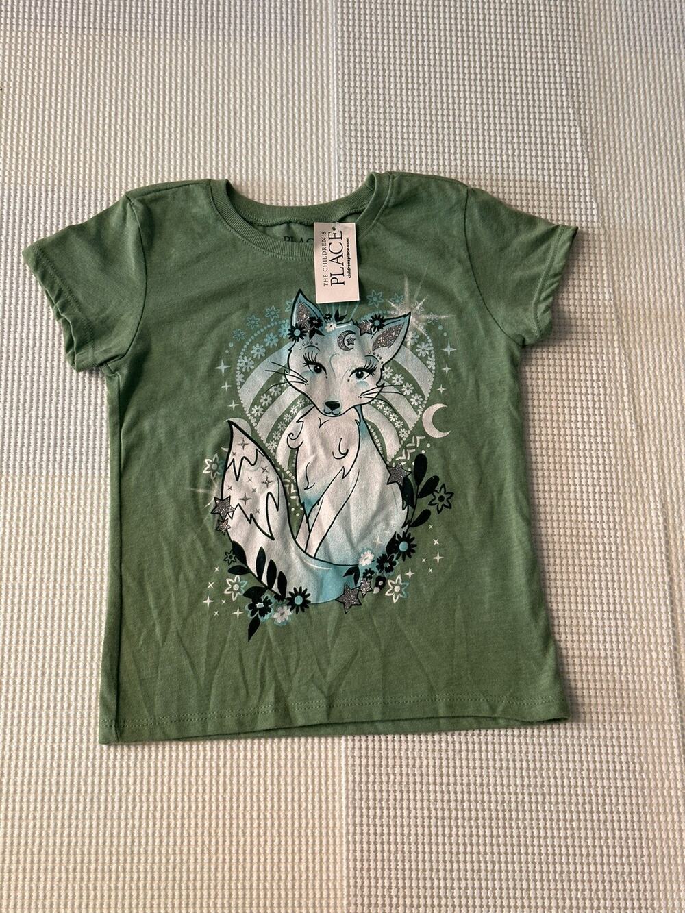 Children’s Place Girls Green Glitter Fox, Size XS 4 New